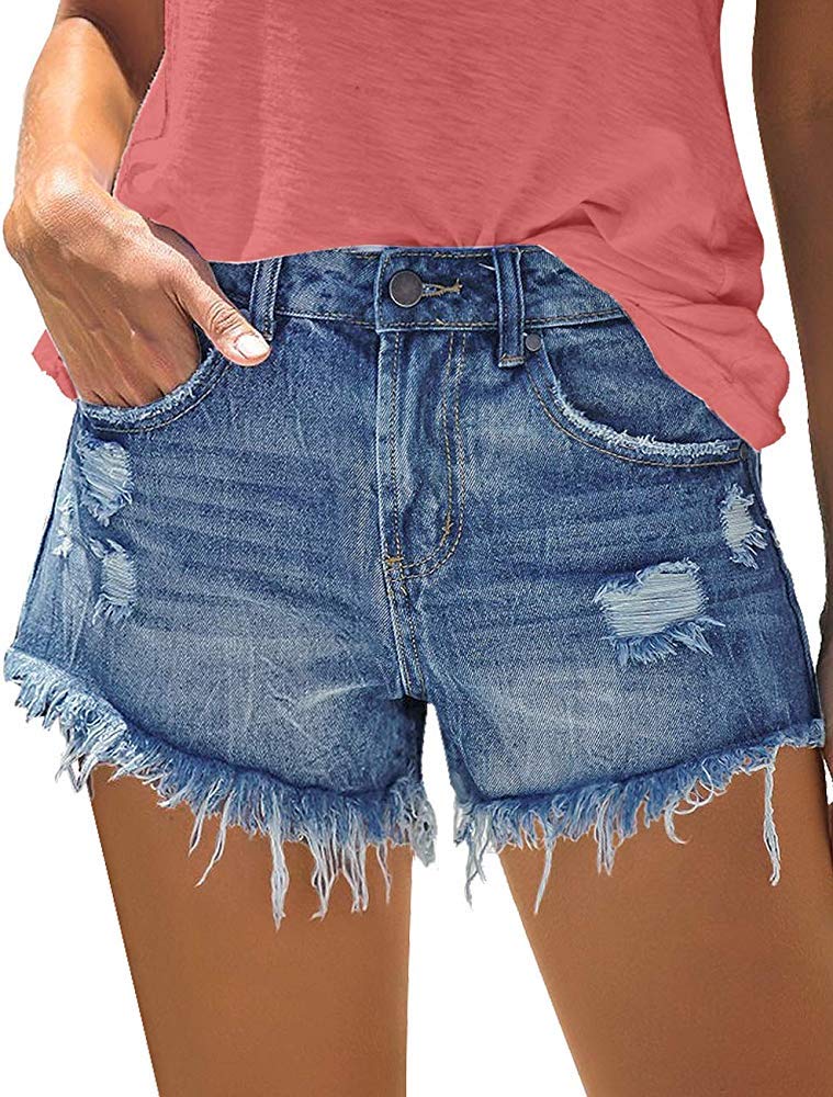 onlypuff Frayed Denim Shorts for Women Mid Rise Casual Summer Hot Pants Dark Blue XL - Image 1